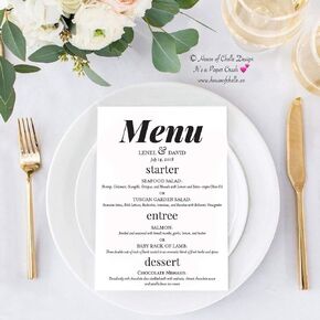 Wedding Menu Cards - Printed Personalized Table Menu Cards, Wedding Table Centerpiece Decorations, Dinner, Birthday, Shower, Quinceanera, Party, Event - Set of 25