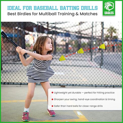 EAGLES كرة الريشة الطيور النايلون ريش كرة الريشة - مجموعة كرة الطيور البلاستيكية لممارسة البيسبول في الأماكن المغلقة والخارجية ~ الديوك المكوكية مستقرة ودائمة للأطفال والكبار (12 حزمة الأصفر) in Kuwait