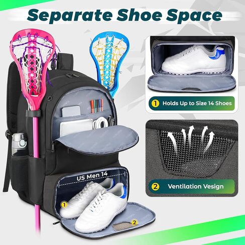 حقيبة YOREPEK Lacrosse ذات سعة كبيرة، حقيبة ظهر لاكروس تحمل جميع معدات لاكروس أو الهوكي الميداني، وحاملي عصا وحجرة منفصلة للمرابط in Kuwait