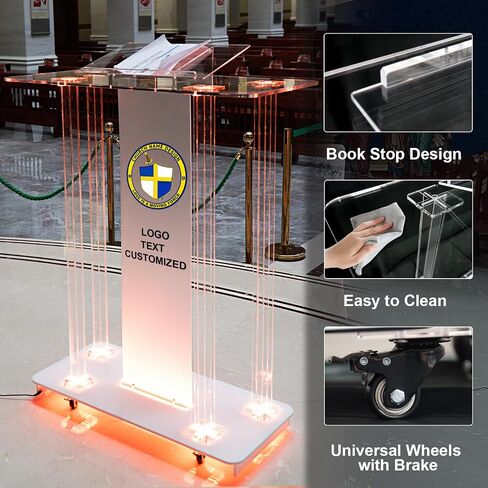 Acrylic Church Pilpits with Wheels, 46'' Church Podium with 15 Colors RGB LED Lights,Podium Stand Lecterns Pulpits for Church, Wedding, Concert Speech, Classroom (40"L*17.7"W *46.6"H) in Saudi Arabia
