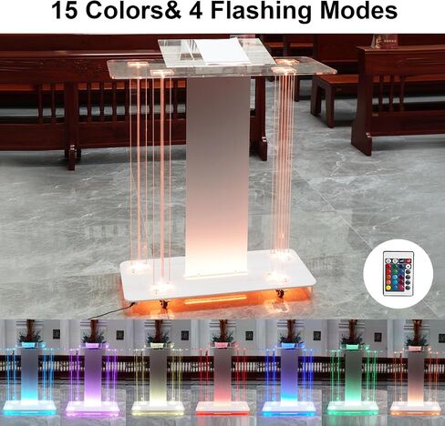 Acrylic Church Pilpits with Wheels, 46'' Church Podium with 15 Colors RGB LED Lights,Podium Stand Lecterns Pulpits for Church, Wedding, Concert Speech, Classroom (40"L*17.7"W *46.6"H) in Saudi Arabia