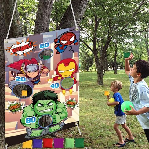 Superhero Themed Toss Games Banner with 6 Bean Bags-Fun Superhero Indoor Outdoor Throwing Game Party Supplies for Kids in Family Games, Superhero Themed Party, Carnival Games (Red) in Saudi Arabia