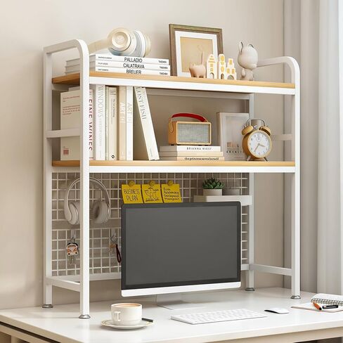 Desktop Bookshelf 2-Tier Adjustable Wood Desktop Hutch Bookcase Display Rack Book Storage Organizer Shelf for Computer Desk Dorm Room Office Home in Saudi Arabia