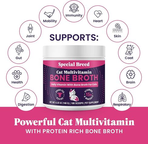 Cat Multivitamin with Grass-Fed Beef Bone Broth – Daily Supplement for Immune, Joint, Skin, Coat & Gut Health – Omega 3s, Lysine, Beta Glucan, Vitamins A-E, C, D – 180 Day Supply – No Fillers in Saudi Arabia