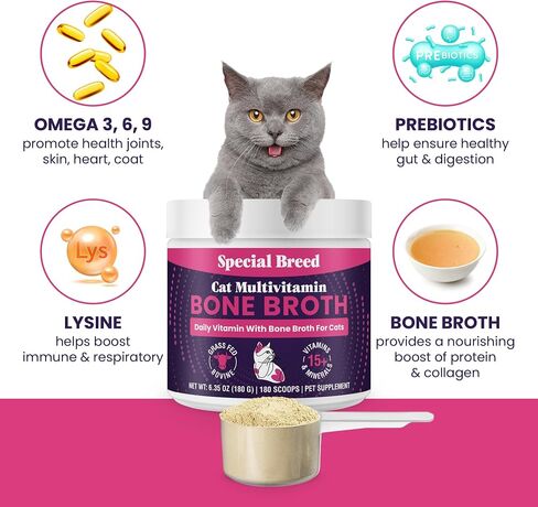 Cat Multivitamin with Grass-Fed Beef Bone Broth – Daily Supplement for Immune, Joint, Skin, Coat & Gut Health – Omega 3s, Lysine, Beta Glucan, Vitamins A-E, C, D – 180 Day Supply – No Fillers in Saudi Arabia