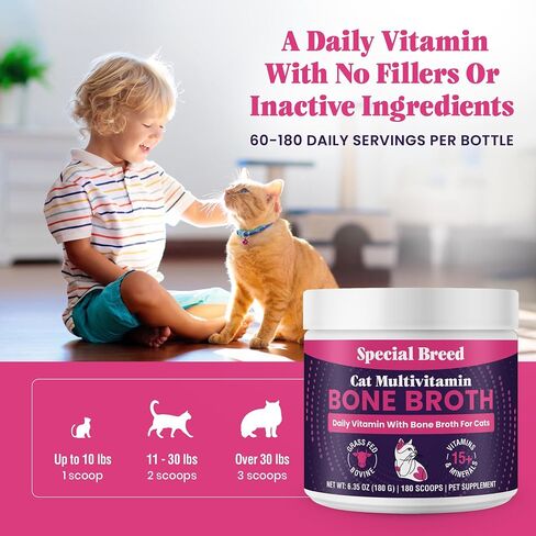 Cat Multivitamin with Grass-Fed Beef Bone Broth – Daily Supplement for Immune, Joint, Skin, Coat & Gut Health – Omega 3s, Lysine, Beta Glucan, Vitamins A-E, C, D – 180 Day Supply – No Fillers in Saudi Arabia