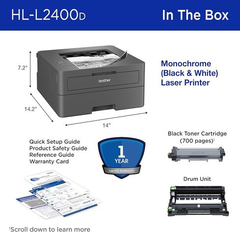 Brother HL-L2400D طابعة ليزر أحادية اللون مضغوطة ، USB مطلوب (كابل غير مدرج) ، الإخراج الأسود والأبيض | يشمل تحديث التجارب الاشتراك (1) ، (قسط متجدد) in Saudi Arabia