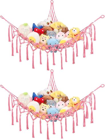 شبكة تخزين زاوية حيواني محشوة ، 2 عبوة من القطن الثقيل ، شبكة أفخم كبيرة منفردة مع مرساة وخطافات معدنية | غرفة نوم الأطفال وديكور جدار الحضانة (وردي) in Kuwait