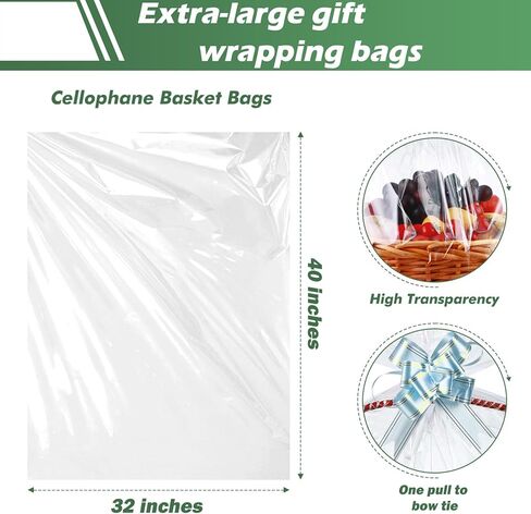 50 Packs 32" x 40" Cellophane Bags for Basket Extra-large Jumbo Clear Cellophane Wraps Clear Huge Cello Bags for Baskets, Gifts, Christmas Trees, Treats, Arts and Crafts, 50ct Ribbon Bows in Kuwait