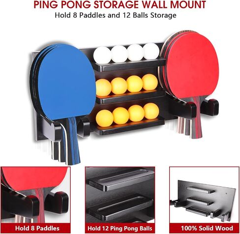 Ping Pong Paddle Holder, Ping Pong Paddle Storage Rack Wall Mounted Holds 6 or 8 Paddles and 12 Balls, Table Tennis Racket Display Organizer for Game Room,Home, Black in Saudi Arabia