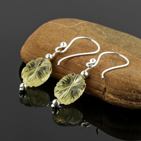 Genuine Lemon Quartz Gemstone Dainty Earrings, Carved Coin Studs, Handmade Bohemian Jewelry, Healing Crystals Silver Earrings, Elegant Earrings for Women & Girls in Saudi Arabia
