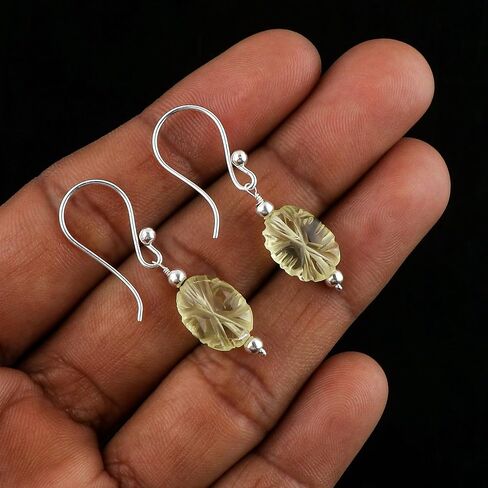 Genuine Lemon Quartz Gemstone Dainty Earrings, Carved Coin Studs, Handmade Bohemian Jewelry, Healing Crystals Silver Earrings, Elegant Earrings for Women & Girls in Saudi Arabia