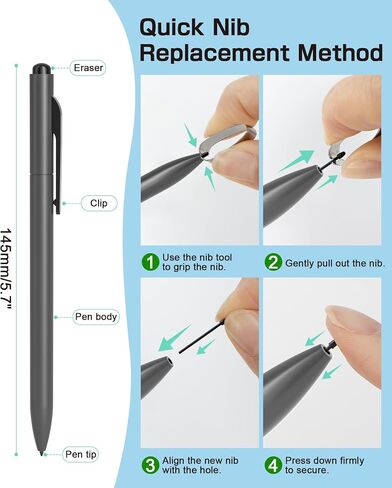 EMR Stylus Compatible with Remarkable 2, Replacement Digital Pen with Eraser, 4096 Pressure Levels, Palm Rejection, Tilt Support, for Remarkable/Samsung/Wacom/Onyx EMR Devices-with 5 Pen Tips in Kuwait