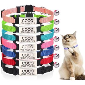 Personalized Engraved Cat Collar|Breakaway Safety Round Buckle|Reflective Adjustable Collar with ID Name Tag & Bell for Kittens & Puppies Cats,Red (7.5'' - 12'')