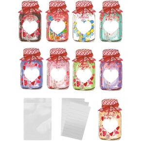 9 Kids Valentine's Day Cards with Bags - Jar Shaped Exchange Cards for Classroom Parties