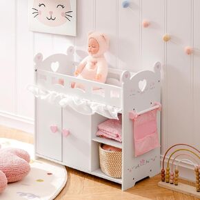 ROBOTIME Baby Doll Crib – Wooden Baby Doll Changing Table with Storage – Bedding & Hooks, Fits 18-21" Dolls, Doll Bed Playset for Girls Ages 3+
