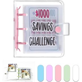 Mini Money Saving Binder, $1000 Money Saving Challenge Book Budget Binder with Envelopes Portable Deposit Anytime Anywhere (Pink)