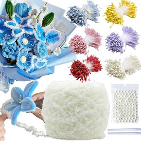 NafuXiaJJia 600 Pcs 6-Coloured Flower Stamens for Crafting,200 Pcs Pearls and 1 Roll Fluffy Yarn for Pipe Cleaners Crafting,Bouquet Accessories,Pipe Cleaner Flower Kit