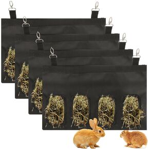 4 Pack Rabbit Hay Feeder Bag, 4 Holes Hanging Hay Feeder Guinea Pig Hay Bags Black Bunny Hay Bag for Rabbits Chinchillas Hamsters Small Pets and Animal, 17.7" x10.6"