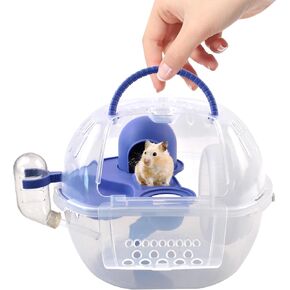Hamster Carrier with Water Bottle,Portable Hamster Travel Cage,Breathable Rat Travel Carrier with Exercise Wheel Food Plate Acrylic Small Animal Carrying Case for Little Rats Mice (Blue)