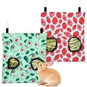 2 PCS Rabbit Hay Feeder Bag مع فتحتين من خنزير غينيا معلق حامل القش الأكياس القابلة للغسل مستلزمات تخزين الأرنب الموفرة للأرانب ، Chinchillas ، الهامستر ، والحيوانات الأليفة الصغيرة (11.4 "× 9.5")