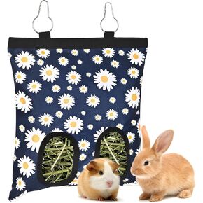 Upgraded Rabbits Hay Feeder Bag for Bunny, Guinea Pigs, Chinchillas - Hanging Washable 2-Hole Hay Dispenser with 600D Oxford Fabric, Small Animal Cage Accessories (Blue Star)