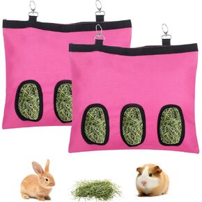 2 Pcs Rabbit Hay Feeder,Guinea Pig Hay Feeder,13×10.8 Inch Guinea Pig Bag,Small Animal Feeding Bag for Rabbits, Hamsters, Hedgehogs(3 Holes,Pink)