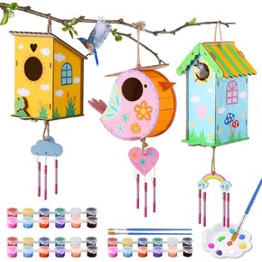 3 Pack Bird Houses Kits for Kids, Wooden Painting Arts and Crafts for Kids Ages 8-12, Build & Paint Your Own Bird Houses and Wind Chime Kits for Outside Summer, DIY Gifts for Girls Boys