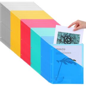 50 Pack Clear Plastic Binder Pockets 3 Hole Binder Folders with Pockets and Holes, 9.25 x 11.22 Inch Document Folders Binders Organizer, Letter Size Slash File Jacket for Office(Multicolor)