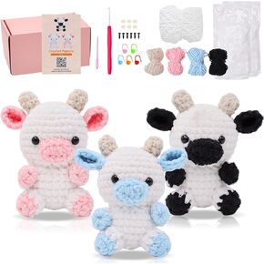 Crochet Starter Kit for Beginners, 3 Cute Animal Cow Pattern, Crochet Starter Kit Beginner for Adults Knitting Hooks and Yarn Set with Video Tutorial