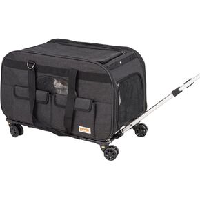Cat Carrier with Wheels, Rolling Pet Carrier with Telescopic Handle and Shoulder Strap, Dog Carrier with Wheels for Pets Under 35 lbs, with 1 Folding Bowl, Black
