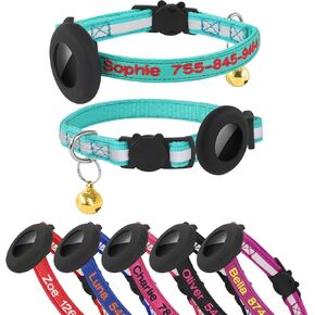 Airtag Cat Collar, Personalized Nylon Breakaway Cat Reflective Collar Embroidered with Pet Name and Phone Number with Waterproof Airtag Holder Case and Bell (with Silicone Airtag Protective Case)