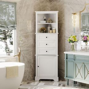 Triangle Tall Cabinet with 3 Drawers and Adjustable Shelves for Bathroom, Kitchen or Living Room, MDF Board with Painted Finish (White)
