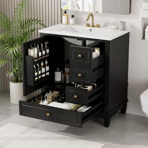 30" Bathroom Vanity with Sink, One Door with Shelf and Three Drawers, Soft Close Door, Green (Light Green + Ceramic+MDF + Rubber Wood)