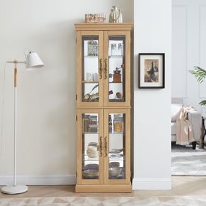 Lighted Curio Display Cabinet,Glass Storage Cabinet Glass Wood Frame Toy Display for Living Room, Kitchen, Pantry Light Bulb Included Antique White (STYLE1)