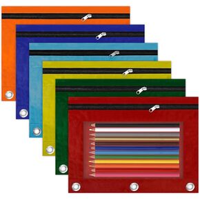 Pencil Pouch for 3 Ring Binder, 6 Pack Multicolors Zipper Pencil Pouches, Clear Window Pencil Case for Binder, 3 Hole Pen Pouch Bulk, Pencil Bag with Grommets for College Office Supplies