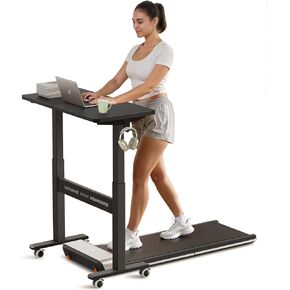 Non-Electric Small Standing Desk with Wheels for Walking Pad, Pneumatic Rolling Height Adjustable Desk Riser (28-43.7"), No Knobs or Crank, Mobile Computer Table for Home Office, Black