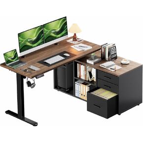 Marsail L-Shaped Executive Standing Desk with File Cabinet, 55" x 24" Electric Height Adjustable Stand up Desk, One-Whole Piece Desktop, Home Office Modern Computer Desk with 4 Memory Presets