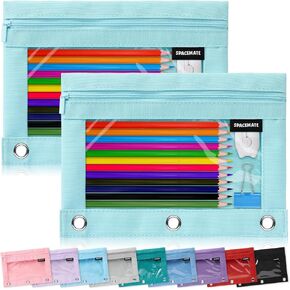 2 Pack Binder Pencil Pouch Case Box Bag for 3 Ring Binder School Supplies Girls Boys Kids, Clear Preppy Stuff Large Aesthetic Pen Organizer, Back to College Stationary, Sky Blue