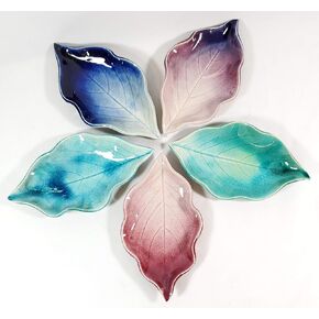 Earthen Vessels Pottery, Five Piece Stoneware Hydrangea Leaf Dish Set in Spring and Summer Pastels: Blue, Purple, Soft Green, Pink and Teal