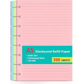 Junior Size 8 Discs 120gsm Discbound Refill Paper, Discbound 5 Colorful Line Papers, Disc Paper Refill, Loose-Leaf Papers, Disc Planner Inserts, 100 Sheets/200 Pages