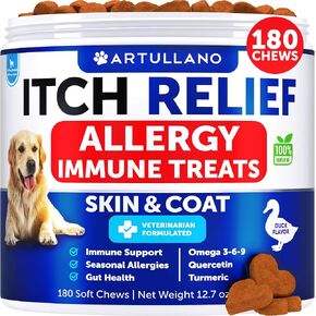 Dog Allergy Relief Chews - Itching Skin Relief for Dogs - Fish Oil - Omega 3 - Seasonal Allergies Pills - Skin & Coat, Anti Itch,Hot Spots Treatment - Canine Immune Health Supplement - 180 Soft Treats