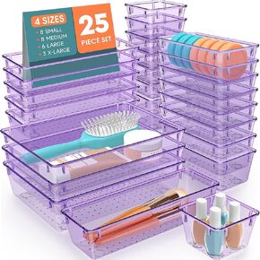 25 PCS Plastic Drawer Organizer Set, 4-Size Versatile Organizer Trays & storage Bins for Makeup, Jewelry, and Gadgets in Bathroom, Bedroom and Office, Clear Pink