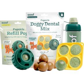 WOOF Dental Kit- Includes Pupsicle Dog Toy, Treat Tray, Shaker Bottle, Chicken Pupsicle Pops, and Dog Teeth Cleaning Powder - Supports Oral Health for Dogs - Large