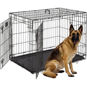 Large Dog Crate, 48 Inch Dog Cage Dual Door Metal Dog Cage with Divider Panel, Leak-Proof Pan, Indoor Outdoor Folding Pet Dog Kennel for Large Pet Animals
