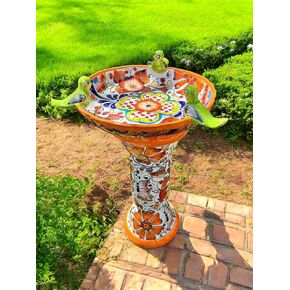 Talavera Bird Bath with Hand-Painted Birds; 27" Tall, 22" Basin; Handmade Mexican Pottery Garden Decor (Brown Cafe)