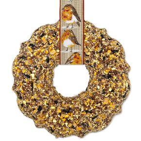 Birdseed Wreath for Blue Jays, Cardinals, Finches and Other Songbirds (Snowy Robin Ribbon)
