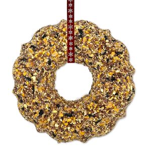 Birdseed Wreath for Blue Jays, Cardinals, Finches and Other Songbirds (Red Ribbon and Silver Snowflakes)