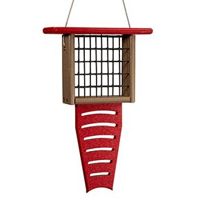 JCs Wildlife Recycled Single Suet Feeder Tail Prop Bird Feeder - Holds 1 Suet Cake - Long Lasting Suet Cage Feeder (Red/Tan)
