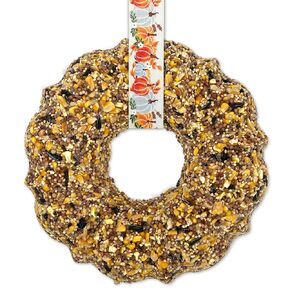 Birdseed Wreath for Blue Jays, Cardinals, Finches and Other Songbirds (Harvest Pumpkin and Autumn Leaves Ribbon - Seasonal Delight)
